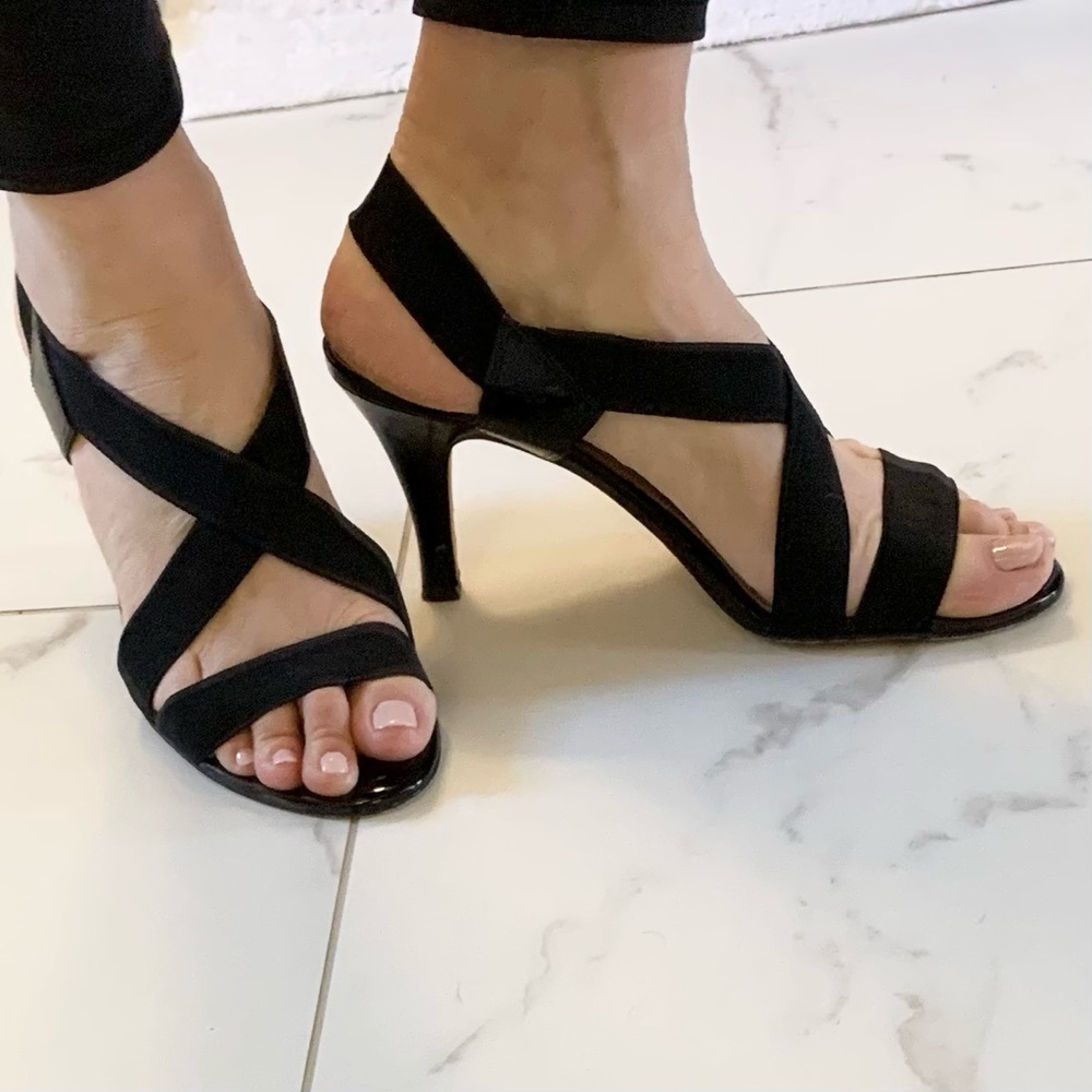 Antonio Melani black stretch strappy sandal 10M 4” heel